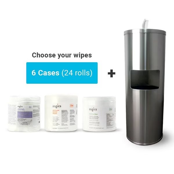 Floor Stand Wipe Dispenser and Wipes Bundle, Black Powder Coated Steel, Sanitizing Wipes, 24PK, Zogics, Mfr#: Z650-B-Z2000-24